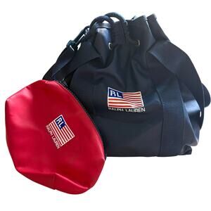Ralph Lauren Polo Sport Bucket Bag Blue USA Flag Drawstring Vinyl Tote Red Case